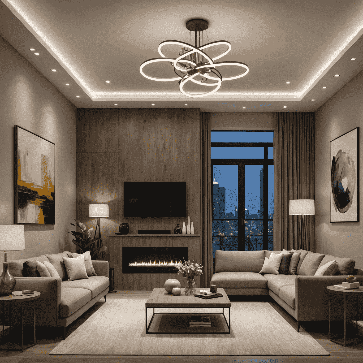 A stylish living room showcasing various energy-efficient lighting fixtures, including LED pendant lights, smart bulbs, and strategically placed accent lighting