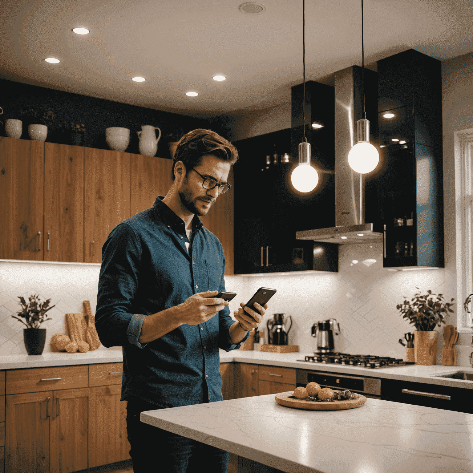 A person using a smartphone app to control smart lighting in a modern kitchen, adjusting the color and intensity of pendant lights and under-cabinet LEDs