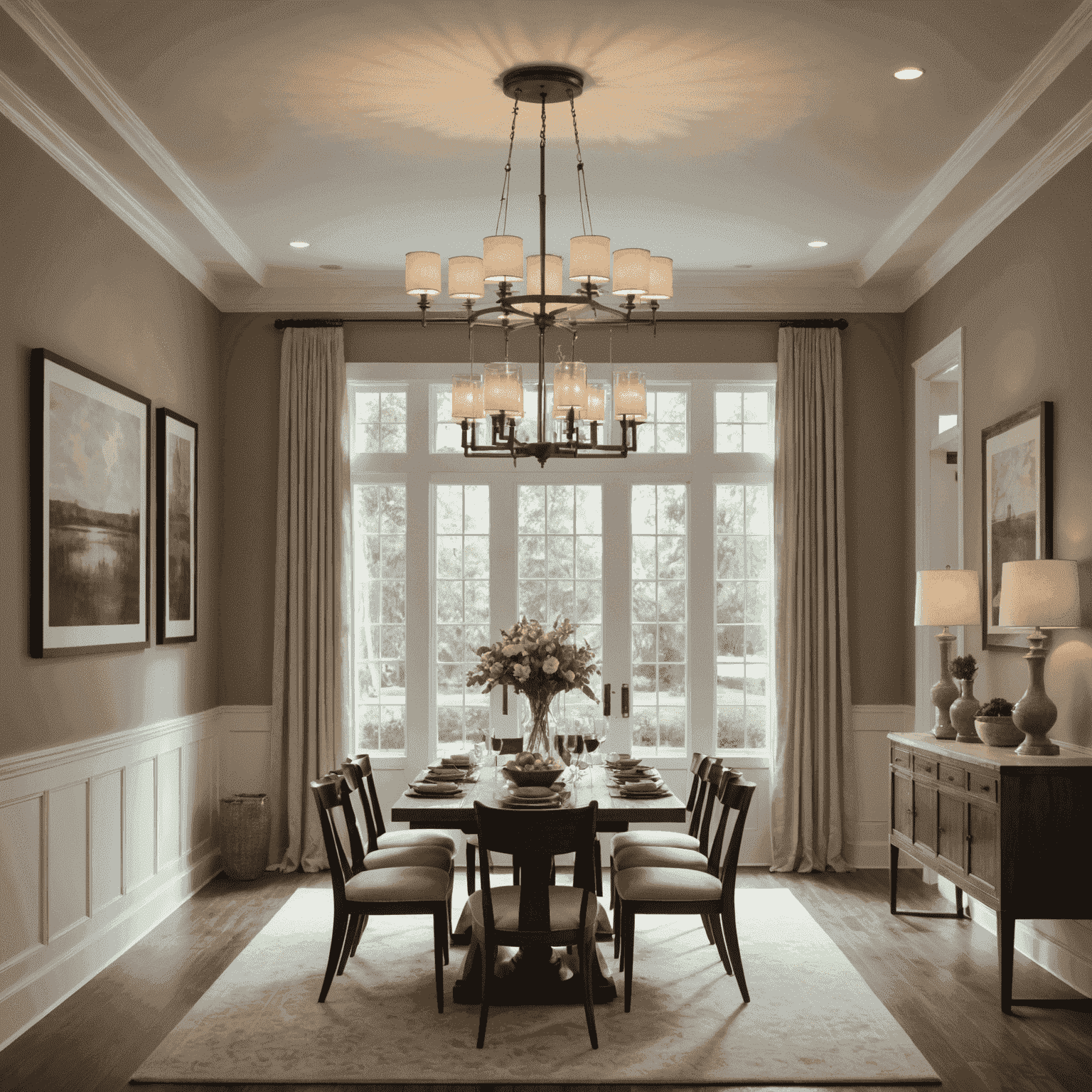 A dining room featuring an elegant, energy-efficient LED chandelier above a table, complemented by warm accent lighting from wall sconces