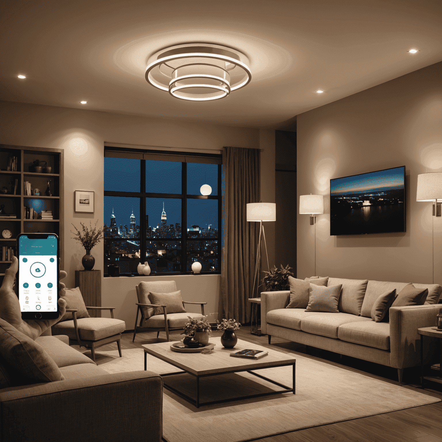 A modern living room with smart lighting in action. Various light fixtures are dimmed to different levels, and a smartphone on a coffee table displays a lighting control app, illustrating the integration of smart technology.