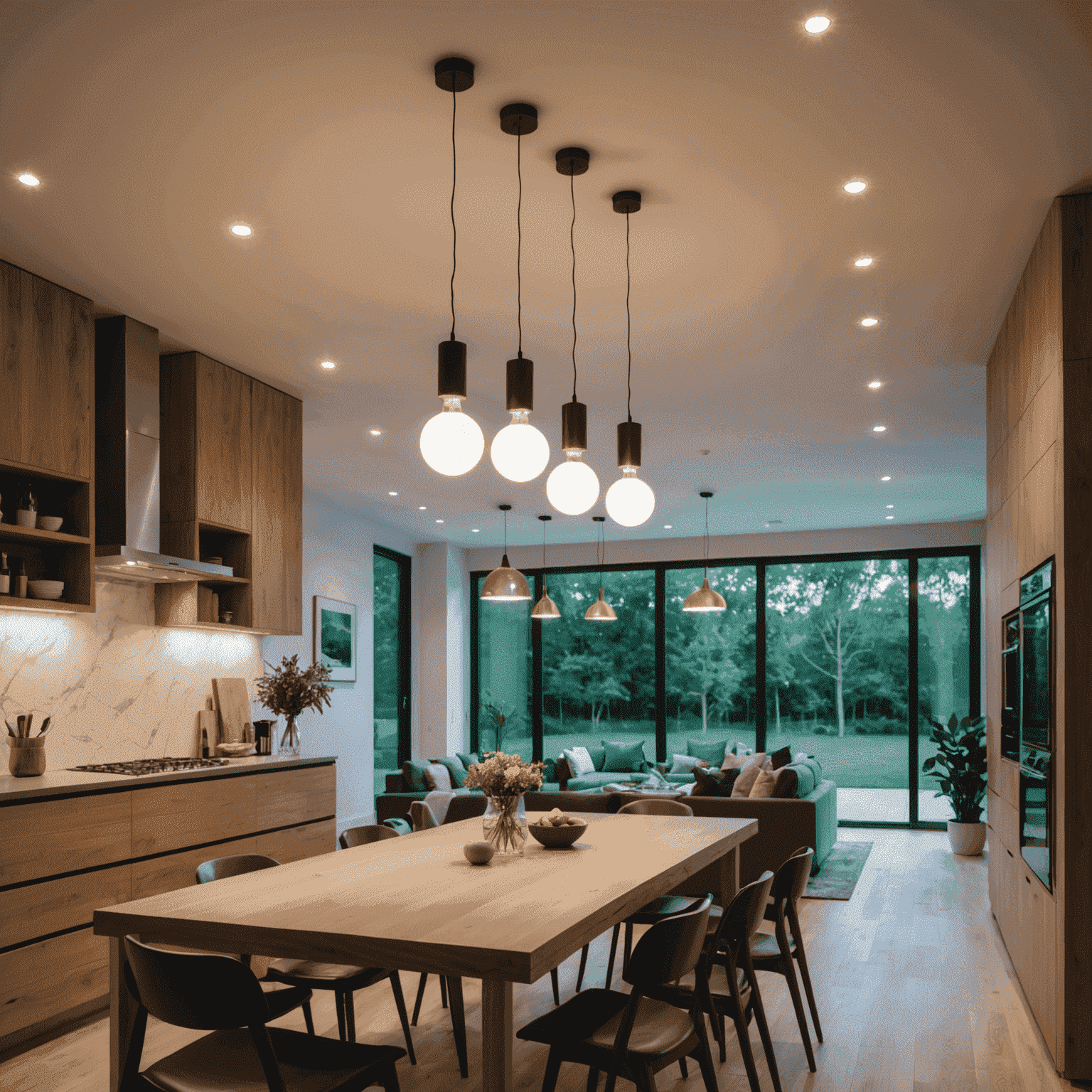 Eco-friendly LED bulbs and smart lighting systems displayed in a modern home environment